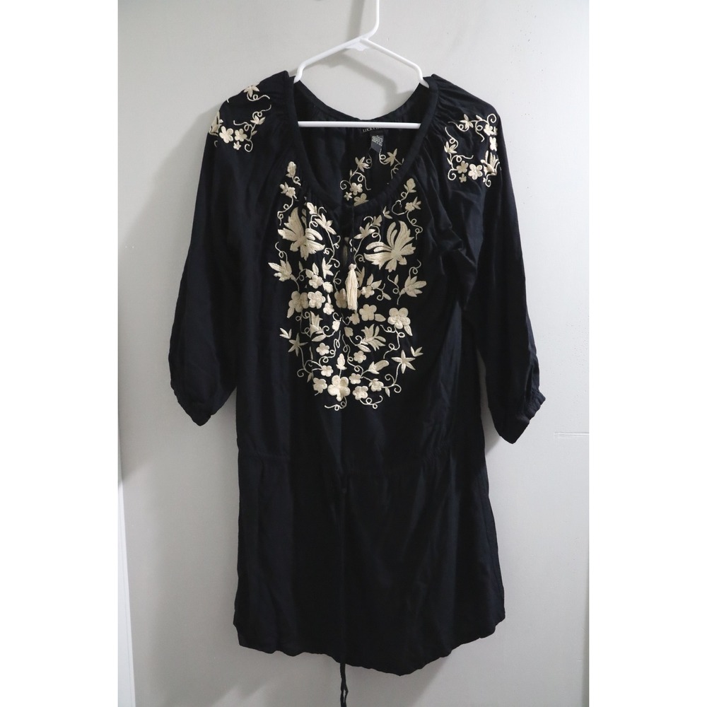 Lucky‎ Brand Black Embroidered Tunic Dress Bohemian Floral Small